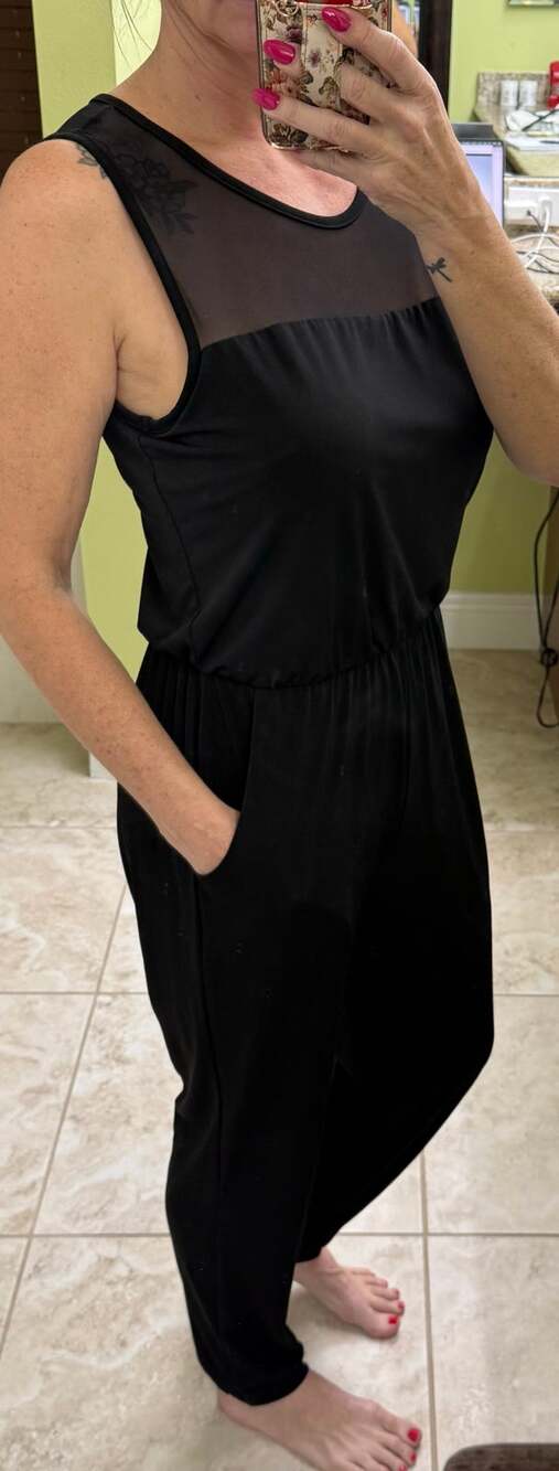 Nicole Miller black sleeveless jumpsuit med with pockets mesh top